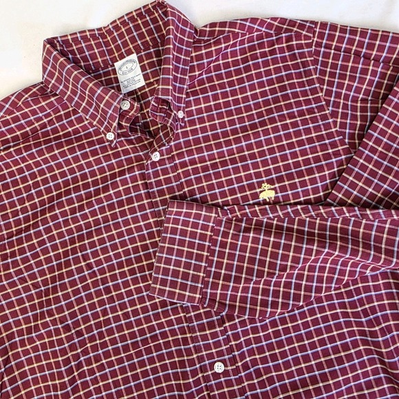 Brooks Brothers Brick Red Mens Large Gold Buffalo Logo Button Down Plaid Shirt - Picture 1 of 8
